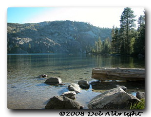 Lake in Sierra Nevada with logs and rocks