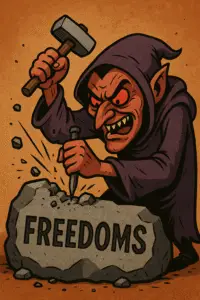 Evil character chipping away at freedom.
