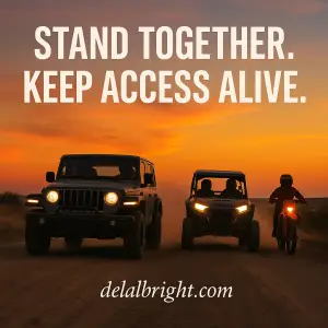 Multiple-use with Jeep, side by side, and dirt bike standing together to keep access alive and reclaim public land