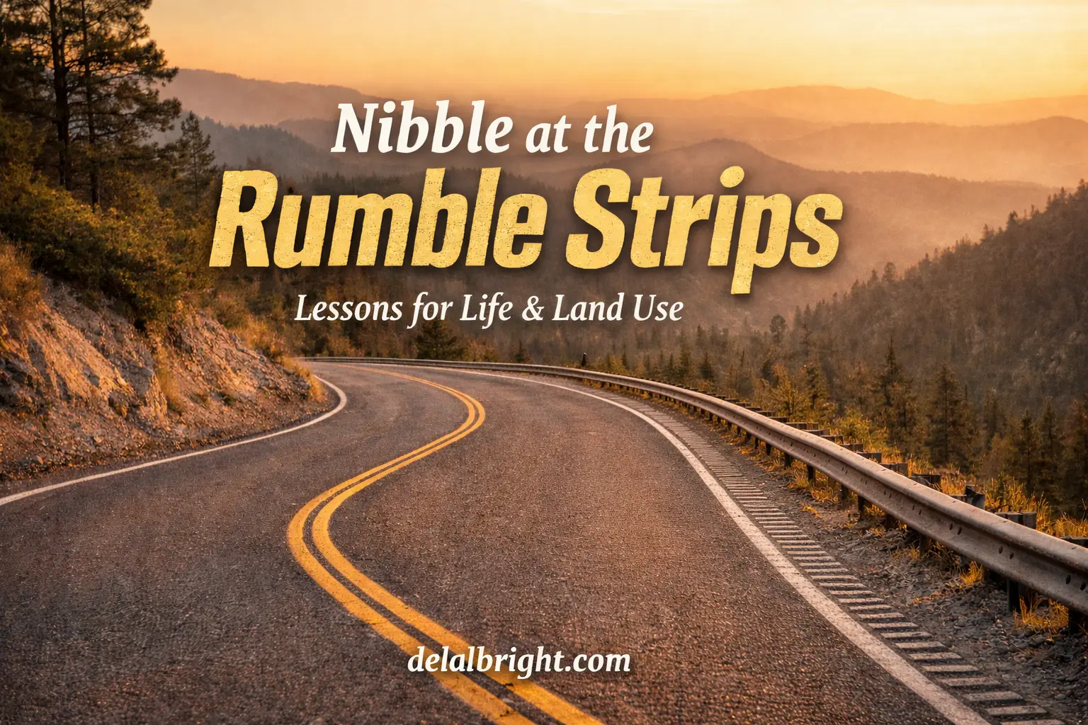 Open road with curves suggesting to nibble at the rumble strips