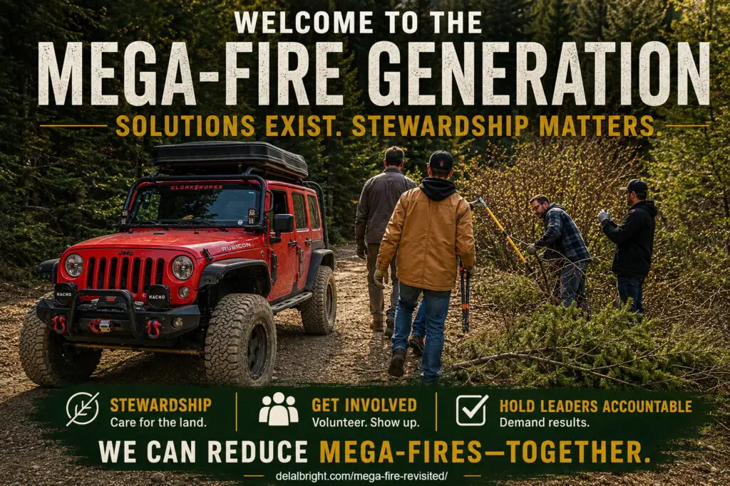 Mega-fire revisited with workers alongside jeep clearing trail