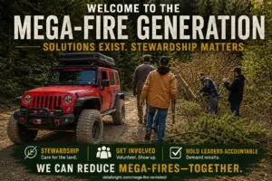 Mega-fire revisited with workers alongside jeep clearing trail