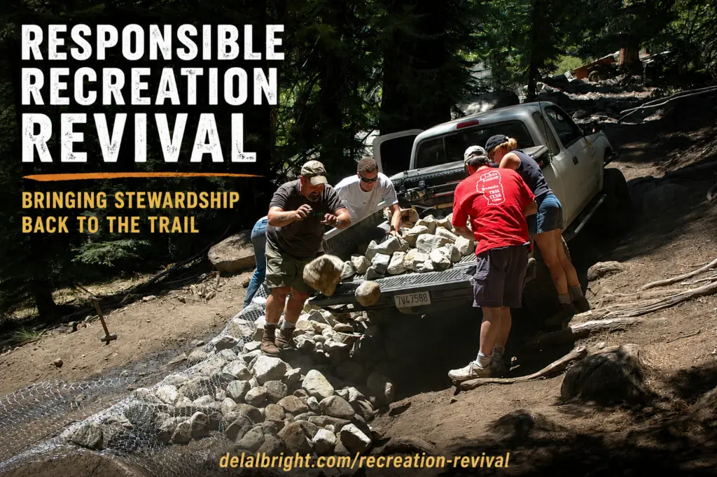 Four-wheel-drive vehicles on the Rubicon Trail representing responsible recreation, trail stewardship, volunteerism, and mentoring the next generation of outdoor enthusiasts.