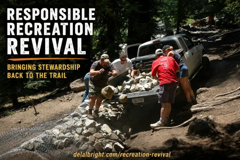 Four-wheel-drive vehicles on the Rubicon Trail representing responsible recreation, trail stewardship, volunteerism, and mentoring the next generation of outdoor enthusiasts.