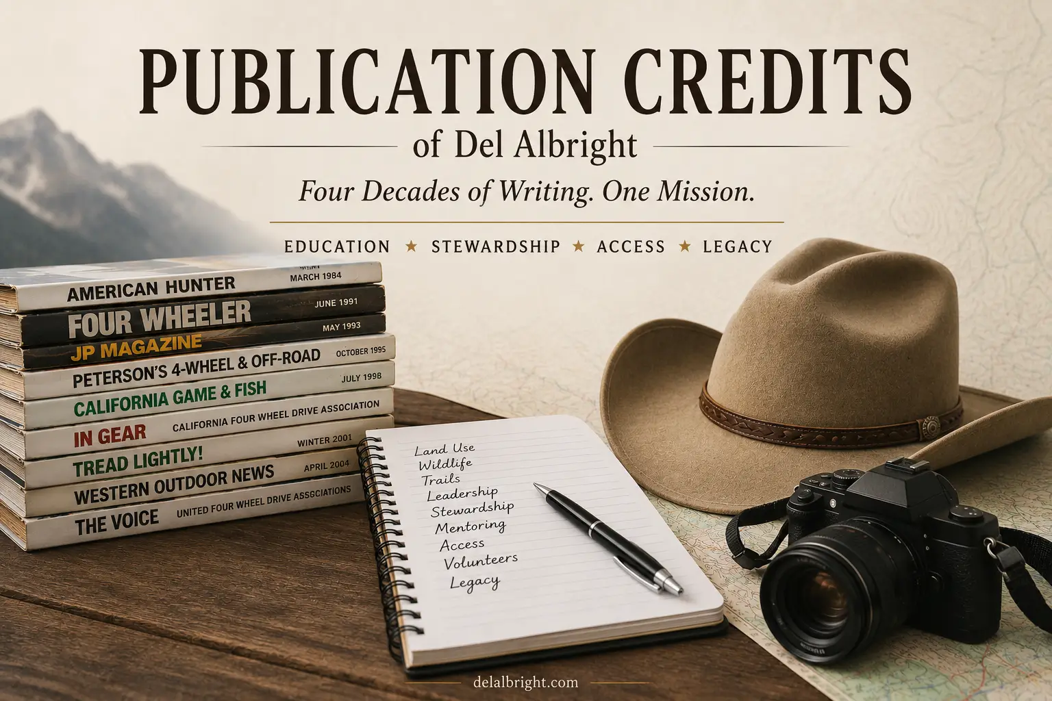 Publication Credits of Del Albright featuring outdoor magazines, a cowboy hat, notebook, camera, and the theme of four decades of writing about public lands and responsible recreation.